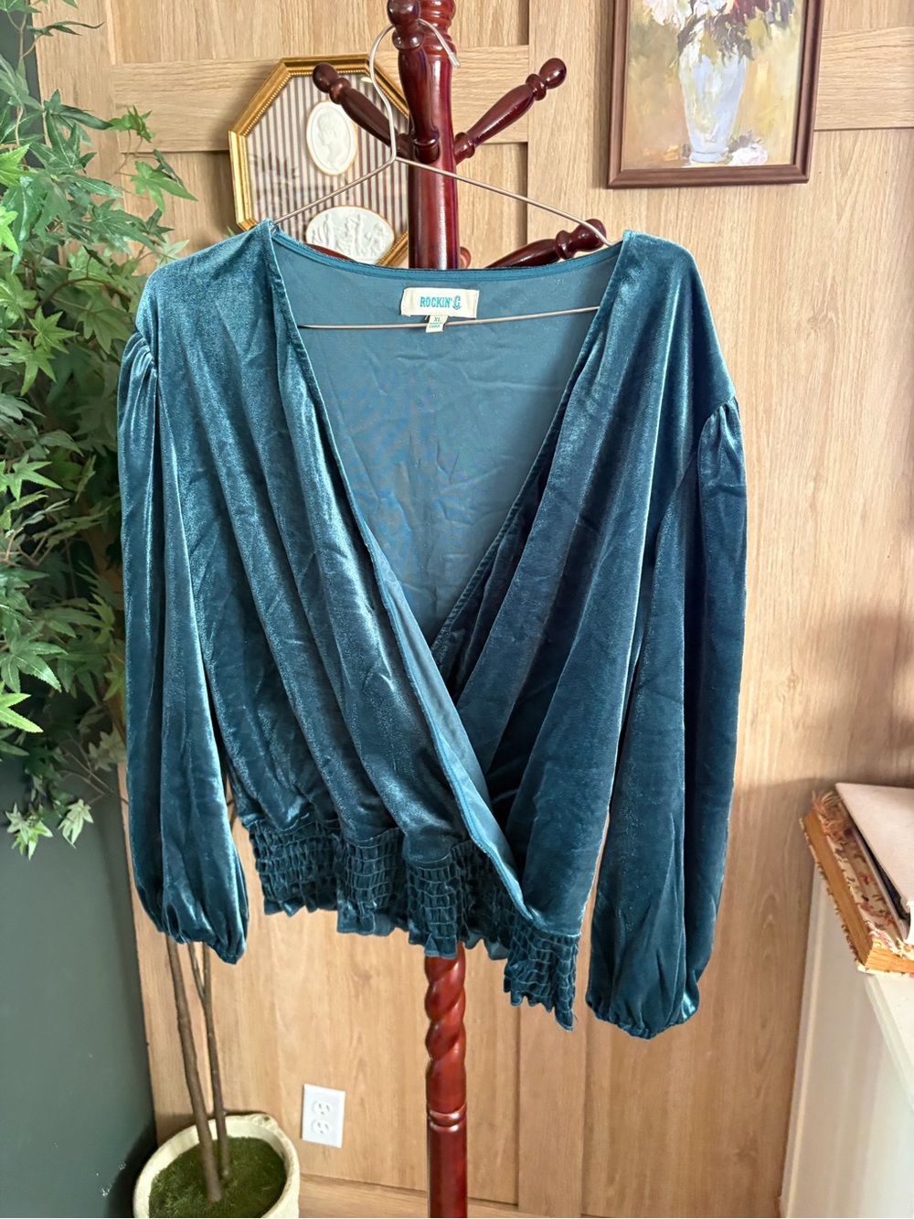 Rockin' & Royal Teal Velvet Surplice Blouse